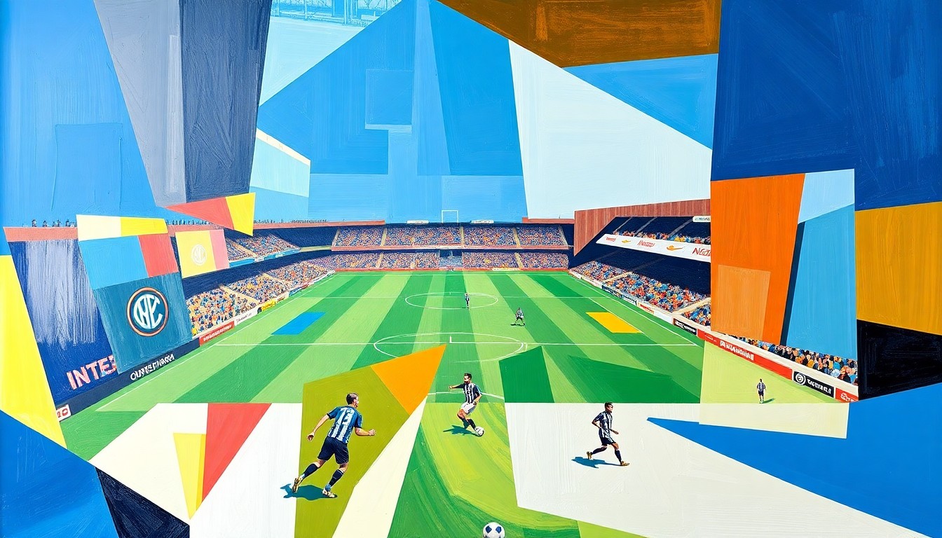 A cubist, geometric painting depicting a soccer match, with overlapping planes of color and shape representing the action on the field, conceptually illustrating the challenges facing Inter Miami this season.