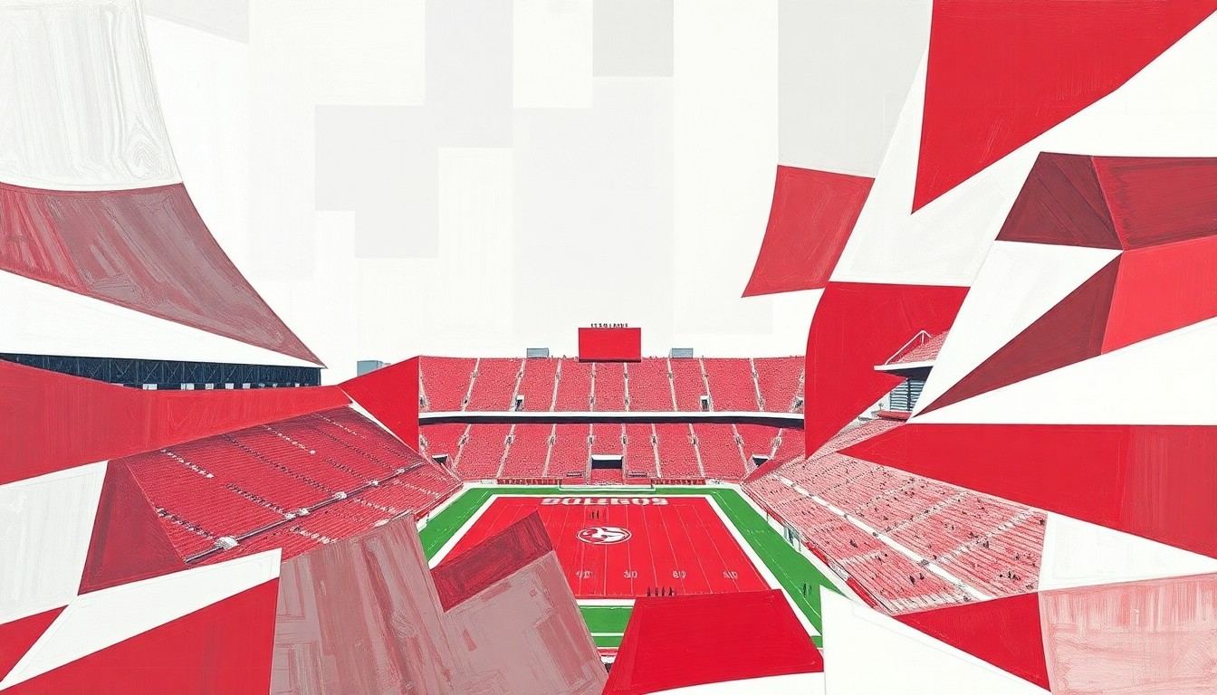 A cubist, geometric painting depicting an abstract, fragmented view of a college sports stadium or athletic field, with sharp planes of crimson red, gray, and white overlapping to create a dynamic, multi-dimensional composition.