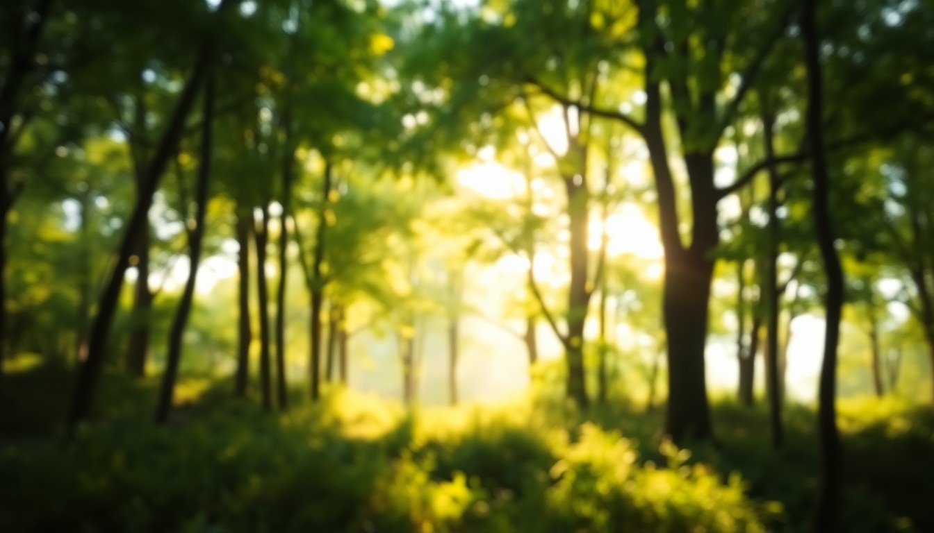 An impressionistic, blurred photograph of a verdant forest scene with warm, golden light filtering through the trees, creating a serene and contemplative mood.