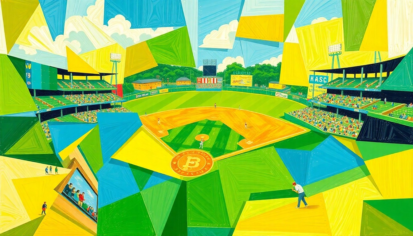 A vibrant, cubist-style painting depicting a high school baseball game, with the players and field broken down into overlapping geometric shapes and planes of color, capturing the energy and motion of the sport.