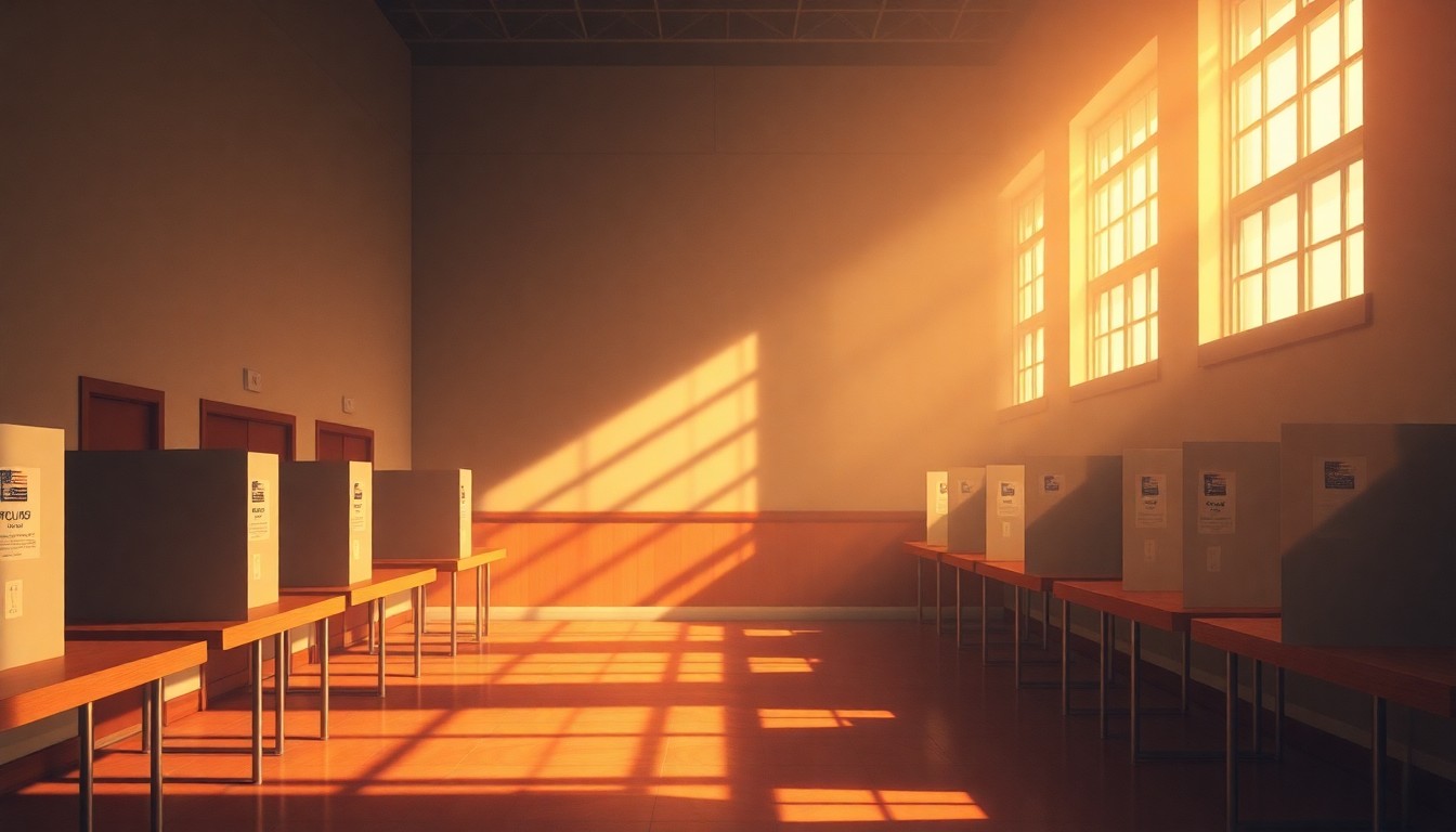 A dimly lit, cinematic interior scene of an empty polling station, with warm sunlight streaming through the windows and casting deep shadows across the room, conveying a sense of civic solemnity and community engagement.