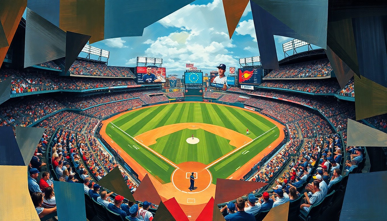 A cubist-style painting depicting a baseball game in motion, with the players and field broken down into fragmented geometric shapes and planes of color.