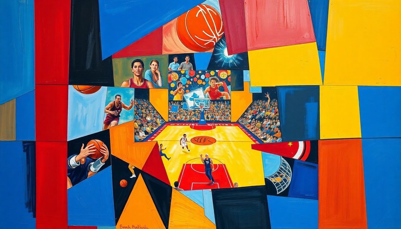 A fractured, multi-perspective painting depicting a basketball game or tournament, with sharp, overlapping geometric planes in vibrant colors like royal blue, bright red, and golden yellow, conceptually representing the energy and excitement of the 2027 NCAA Final Four in Detroit.