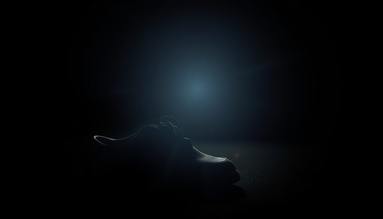 An extreme close-up photograph of a child's shoe or other small personal item, lit by a harsh camera flash against a pitch-black background, conveying a sense of urgency and investigation around the missing person case.
