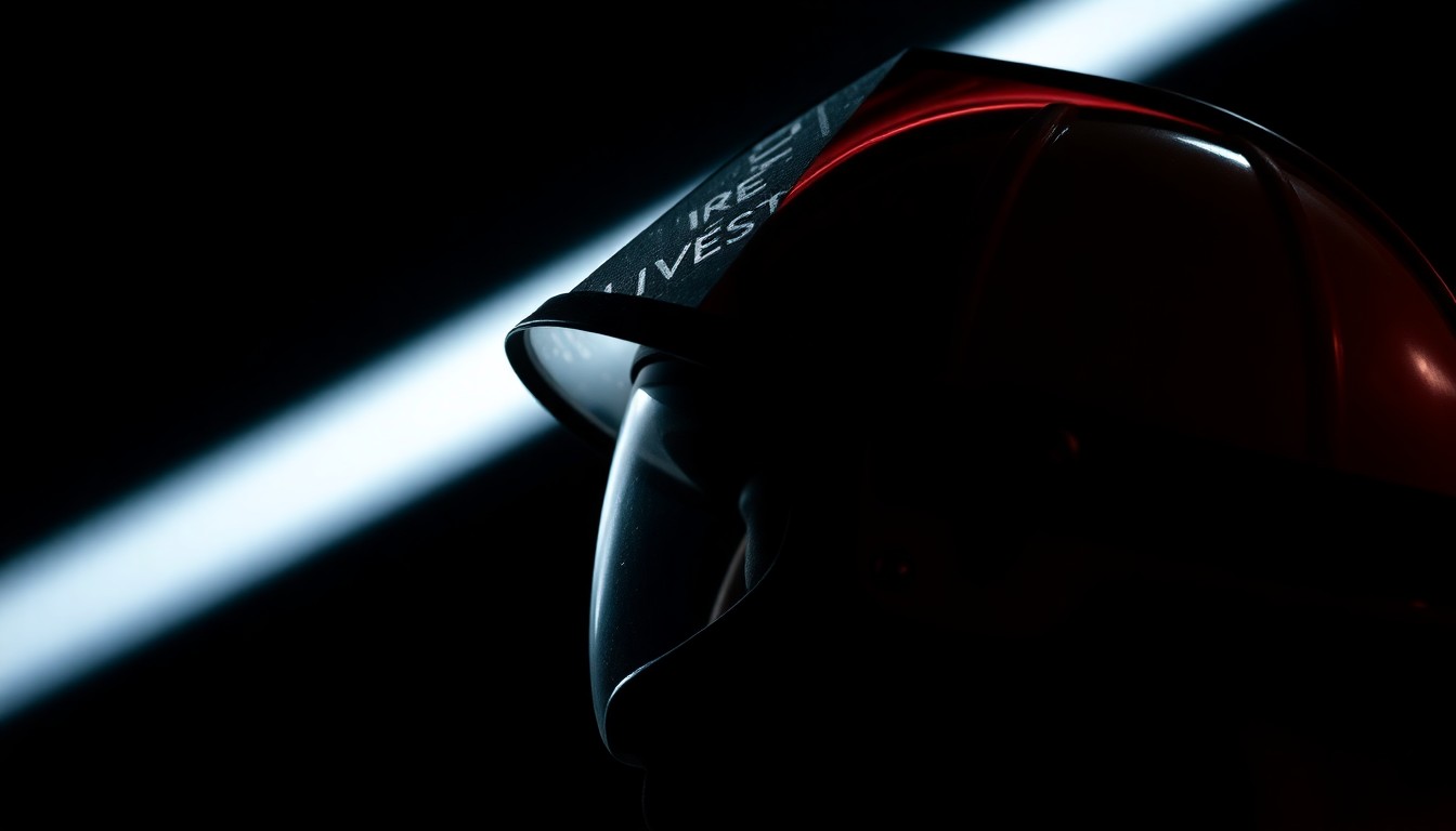 An extreme close-up photograph of a firefighter's helmet, the harsh flash illuminating the textured surface and creating a stark, gritty aesthetic that conceptually represents the gravity of the situation.