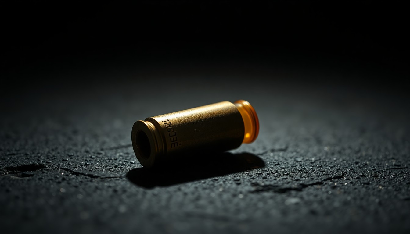 An extreme close-up of a spent bullet casing on a dark concrete surface, conceptually illustrating the evidence of a fatal shooting incident.