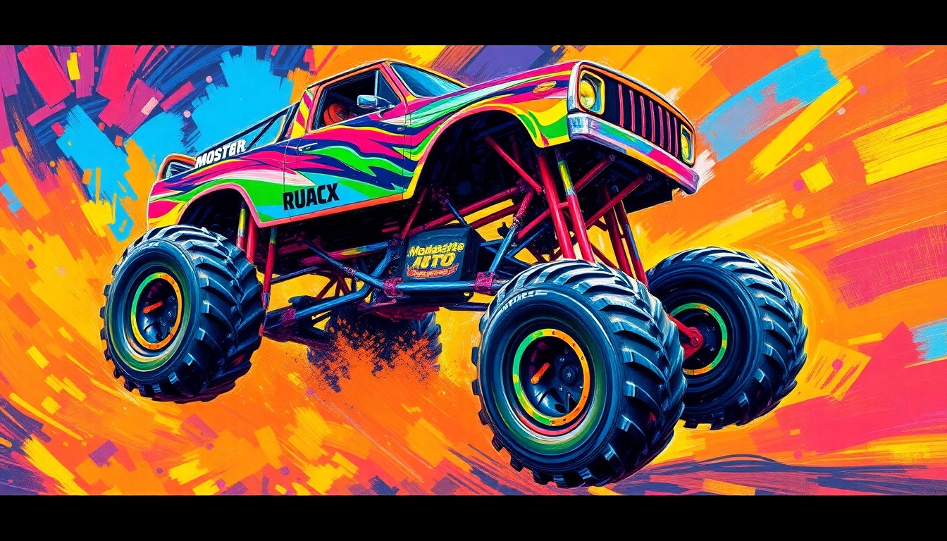 An abstract, energetic painting featuring the blurred, neon-colored forms of massive monster trucks mid-jump, conveying the raw power and excitement of the Monster Jam spectacle.