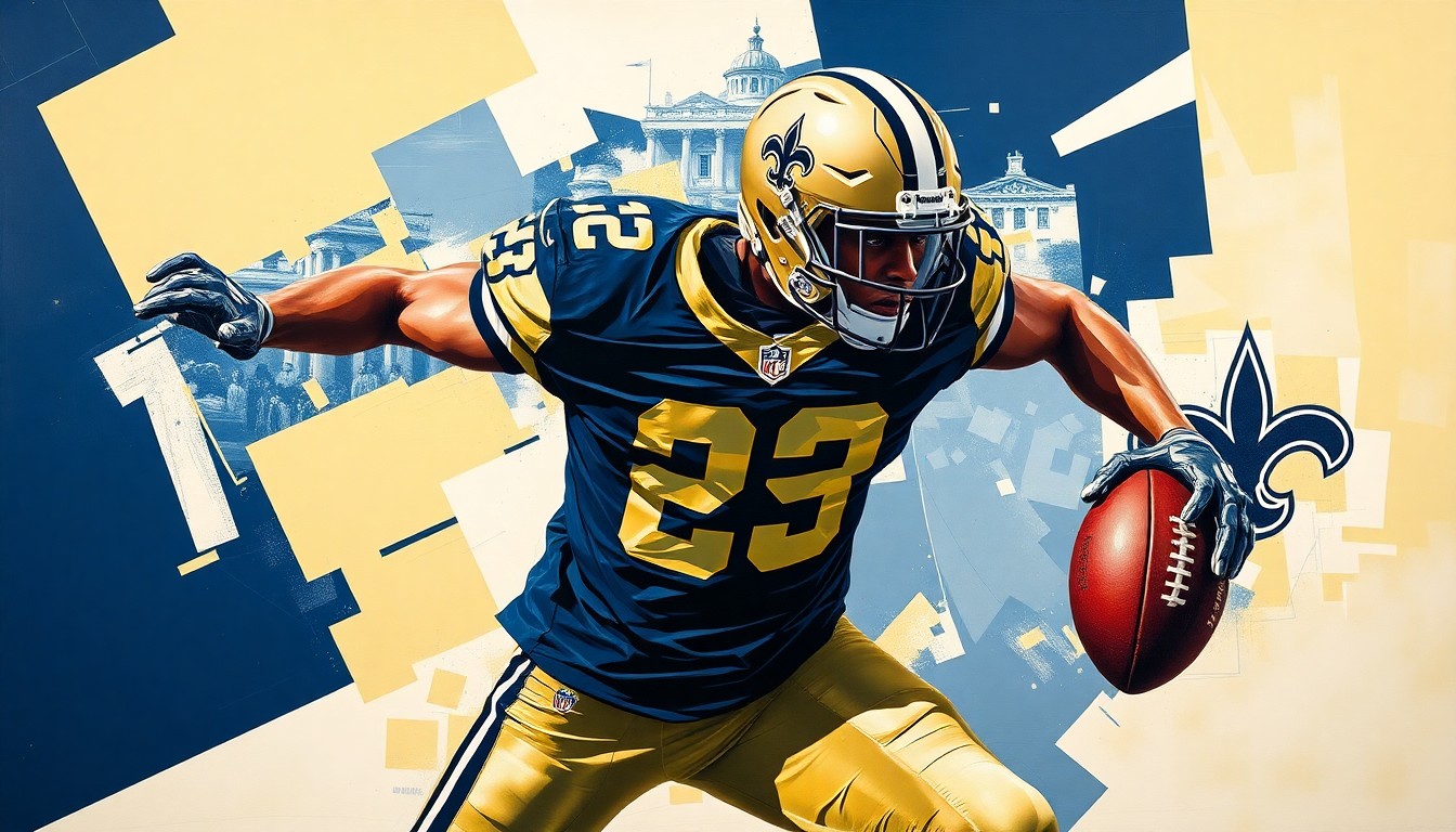 A fragmented, geometric painting depicting a football player in motion, with sharp planes of navy blue, gold, and white representing the New Orleans Saints' colors.