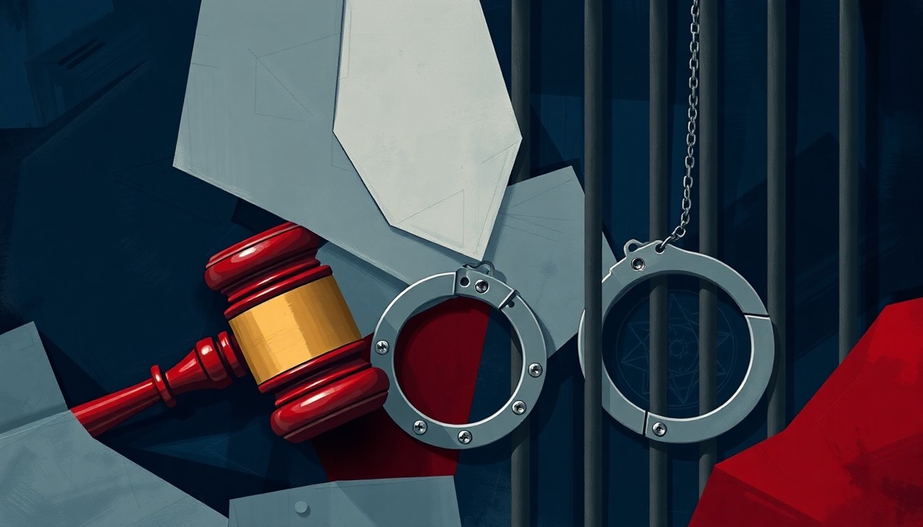 A fragmented, abstract painting featuring geometric shapes and lines in shades of blue, grey, and red, representing the complex and interconnected elements of the criminal justice system.