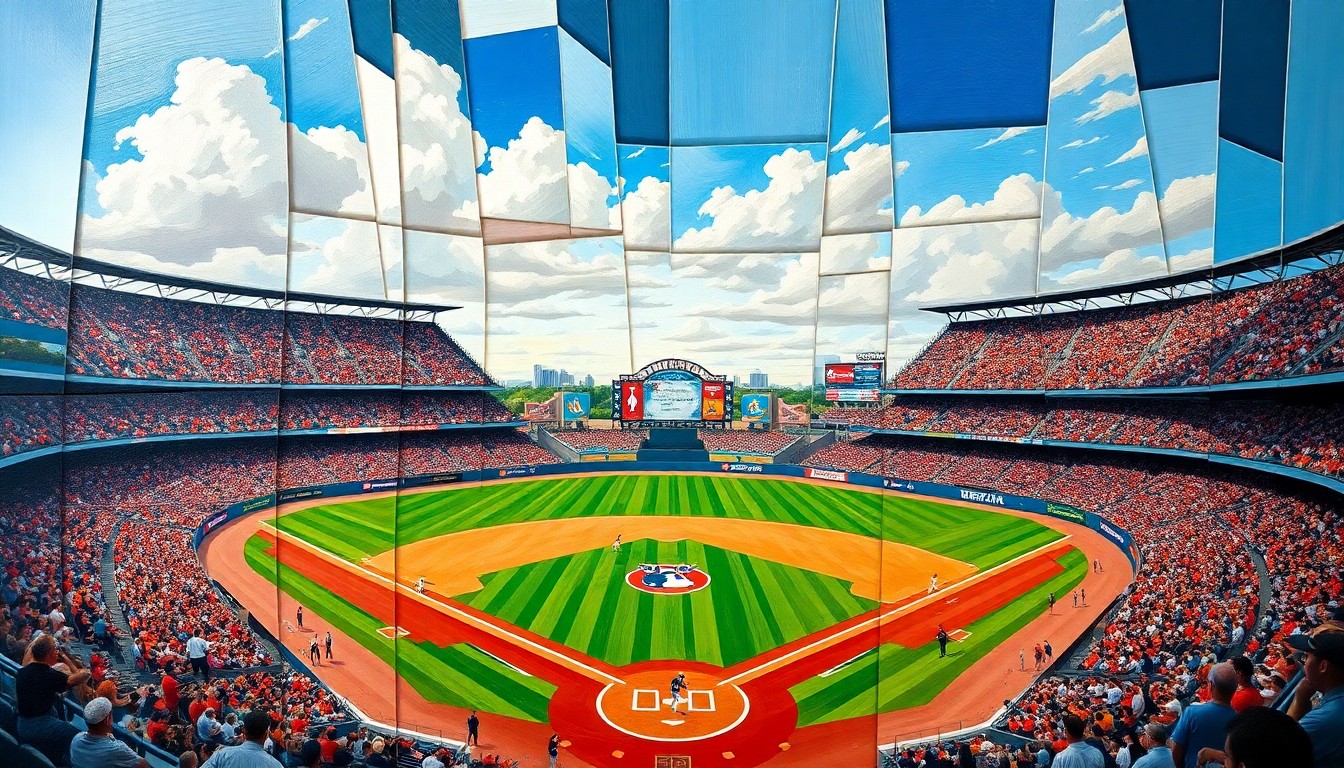 A fragmented, geometric painting depicting a baseball game between two teams, with the players and field broken down into sharp, angular shapes and planes of color.