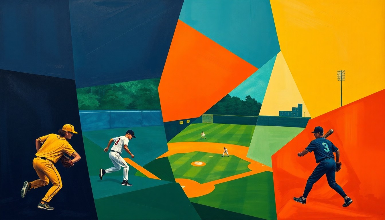 A fractured, geometric painting depicting a high school baseball game, with the players and field broken down into sharp, overlapping shapes in a vibrant color palette, conveying the dynamic action of the sport.