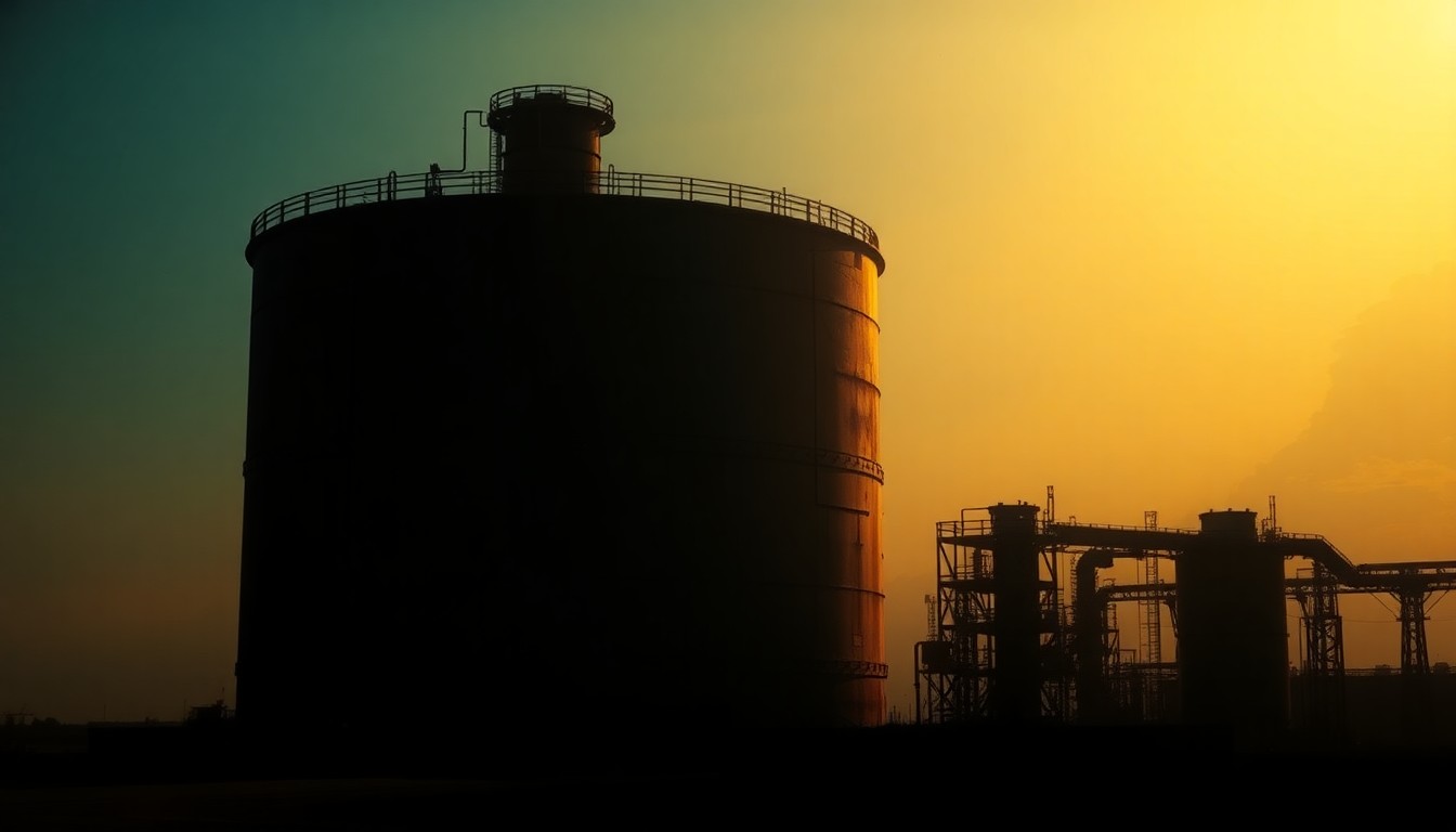 A photorealistic painting of a lone oil refinery or power plant structure set against a warm, hazy sky, with dramatic lighting and shadows conveying a sense of political unease and uncertainty.