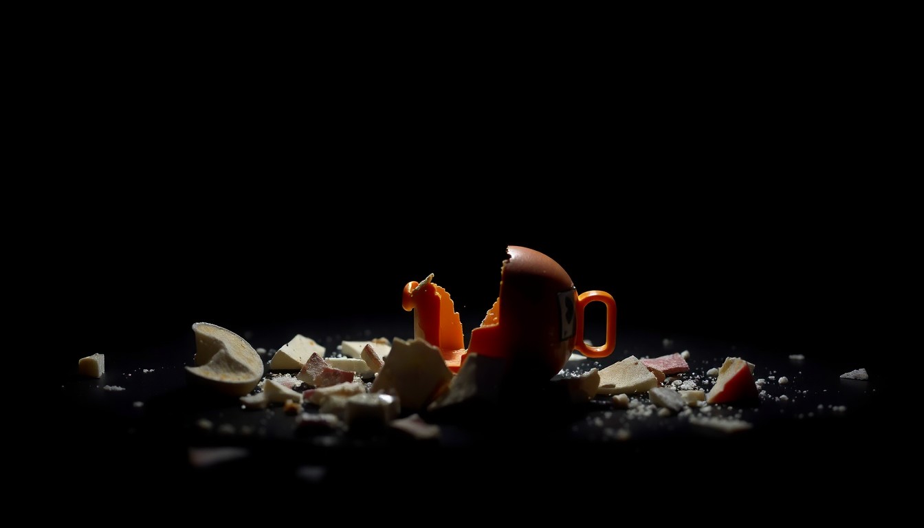An extreme close-up photograph of a broken child's toy against a pitch-black background, the shattered fragments and dramatic shadows conveying a sense of disruption and unease without depicting any actual violence.