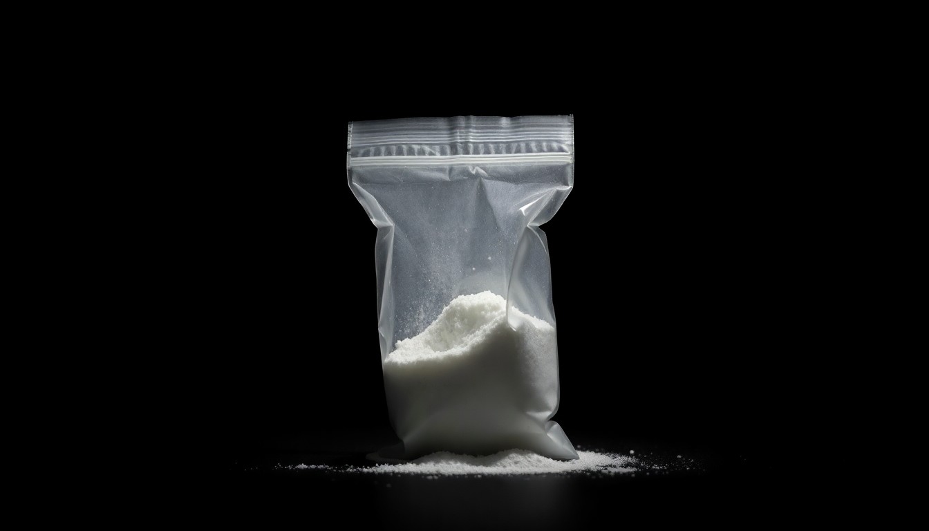 An extreme close-up photograph of a small plastic bag containing white powder, lit by a harsh, direct camera flash against a pitch-black background, conceptually representing the evidence at the heart of a major drug trafficking case.