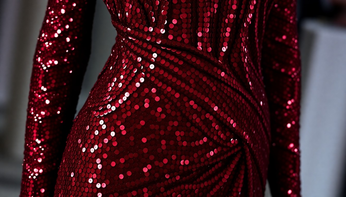 An extreme close-up photograph of a sequined burgundy fabric, capturing the luxurious, high-contrast texture and glittering light in a high-fashion, editorial style.