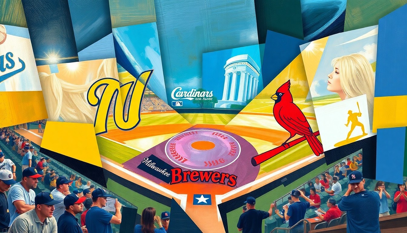 A fragmented, geometric painting in shades of blue, green, and red, depicting the dynamic movements and overlapping perspectives of a baseball game or match.