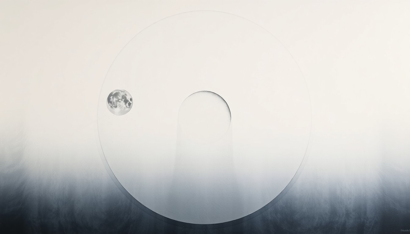 A highly structured abstract painting in soft blues, grays, and whites, depicting the lunar surface with a large, bright crater at the center, representing the newly named 'Carroll' crater in honor of the Artemis II commander's late wife.