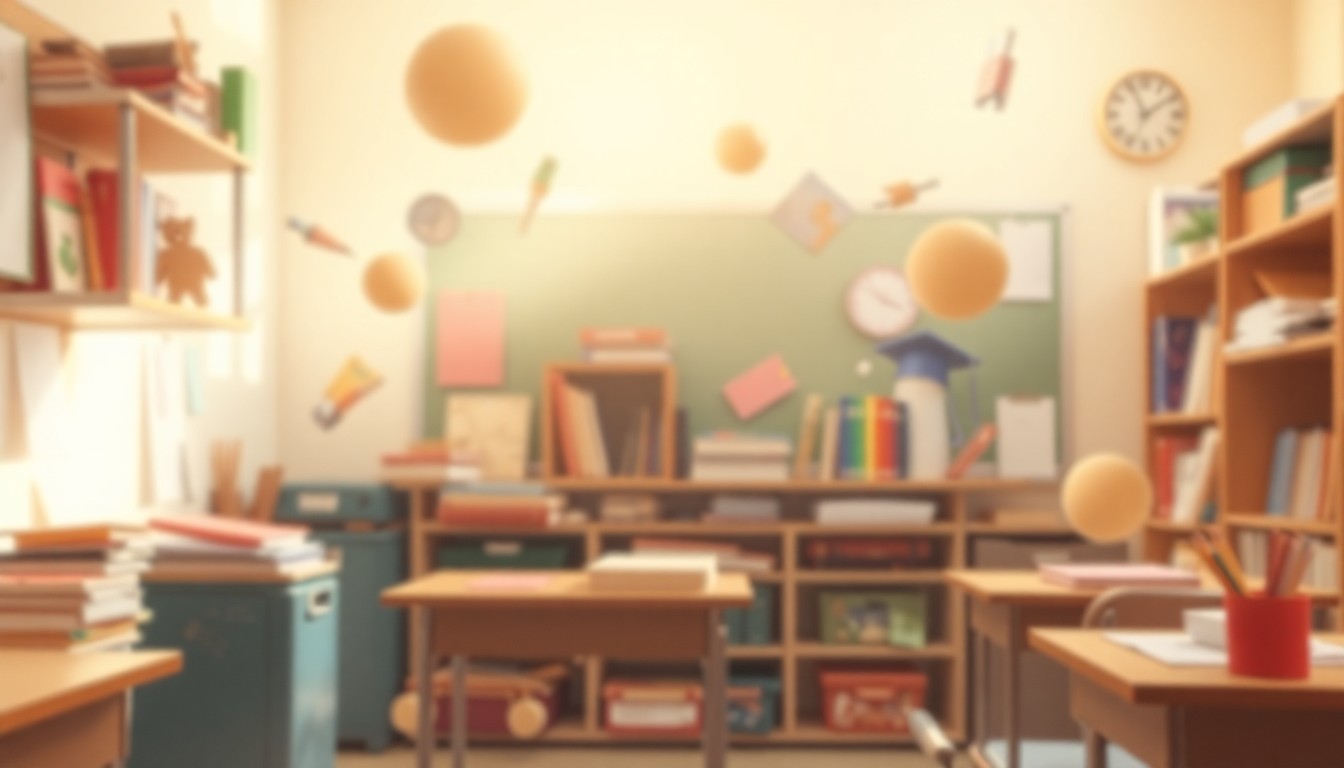 An abstract, out-of-focus photograph in warm tones depicting a classroom scene with blurred school supplies and educational objects, conveying the nostalgic and sentimental mood of the story.