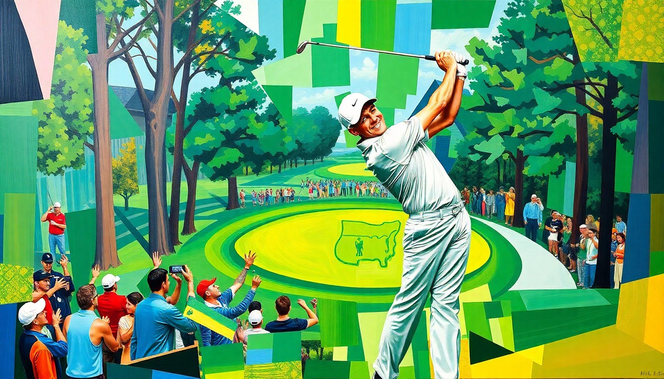 A fractured, multi-perspective painting featuring sharp, overlapping geometric planes in vibrant greens, blues, and golds, conceptually representing the energy and movement of a golfer's swing and victory celebration.