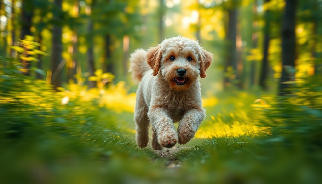 An extremely blurred, dreamlike photograph of a dog-like shape running through a hazy, sun-dappled forest, conveying the emotional experience of a lost pet's frantic search and eventual homecoming.