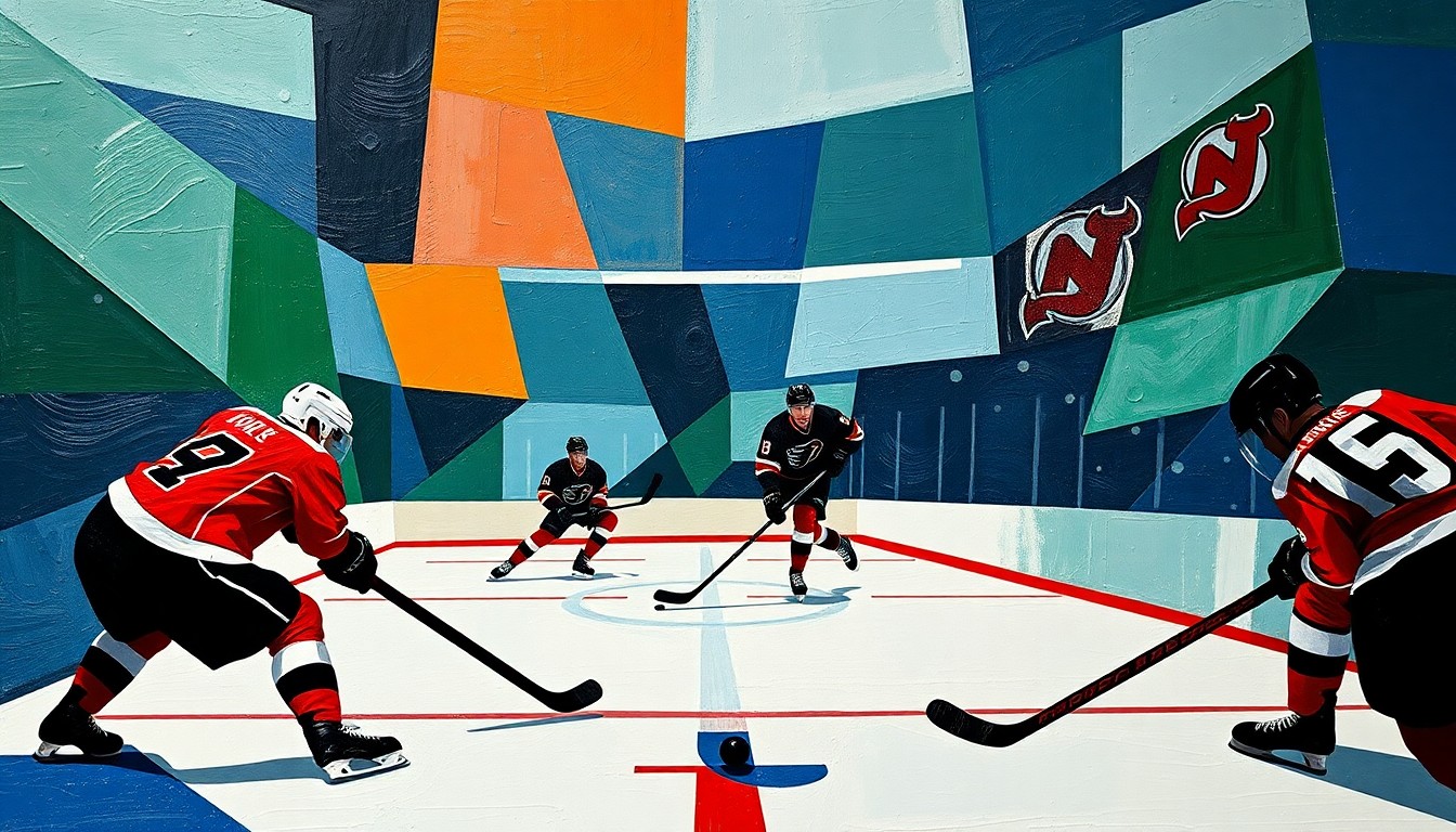 A fractured, multi-perspective painting in a cubist style, breaking down a hockey game into sharp, overlapping geometric shapes in navy, green, and red, representing the players' movements and the puck's trajectory.
