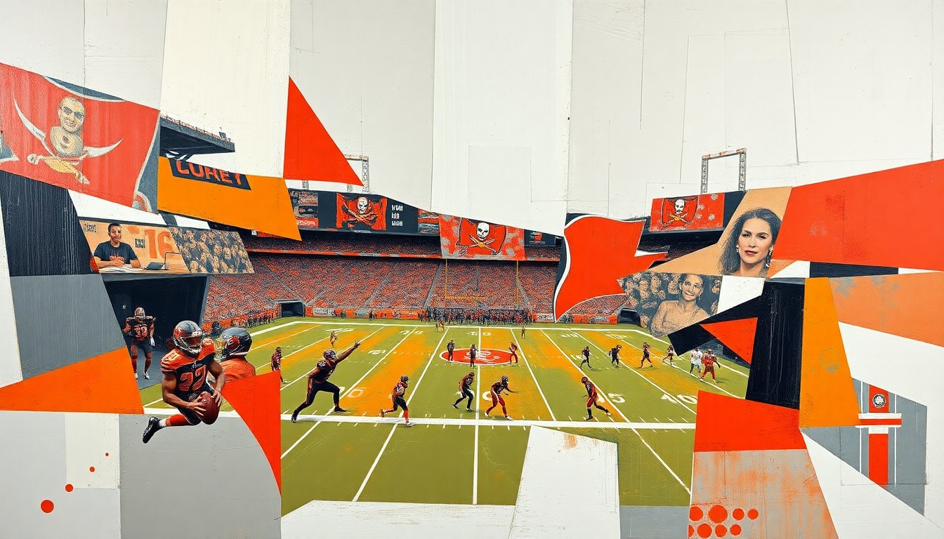 A cubist, geometric painting depicting a fragmented, multi-angled view of a Tampa Bay Buccaneers football player in motion, with sharp, overlapping planes of pewter grey, burnt orange, and deep red colors.
