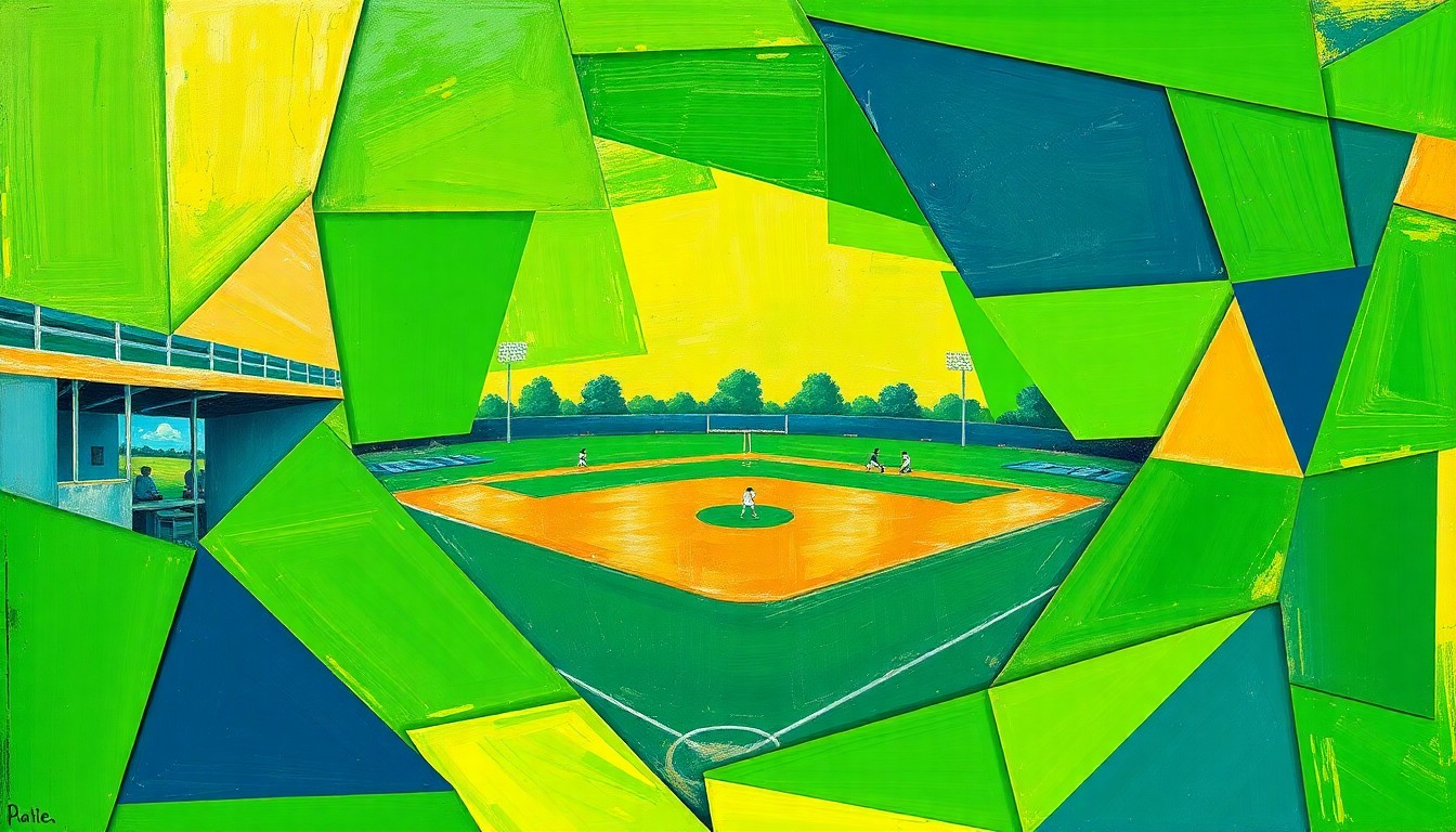 A cubist-style painting depicting a high school softball game, with the players and field broken down into sharp, overlapping geometric shapes in shades of green, navy, and gold, capturing the dynamic energy of the sport.