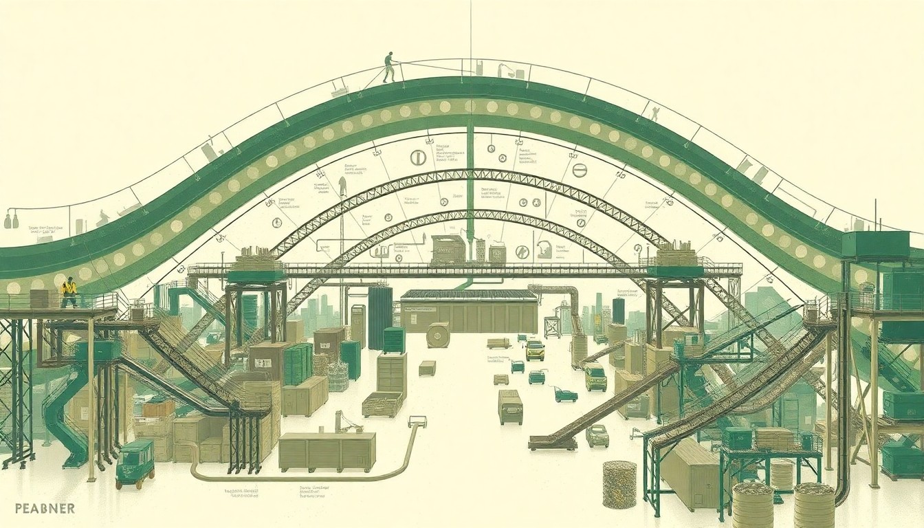 An abstract, geometric painting in muted earth tones depicting the complex material flows and sorting processes of an advanced recycling facility, conveying the technological sophistication behind sustainable waste management.