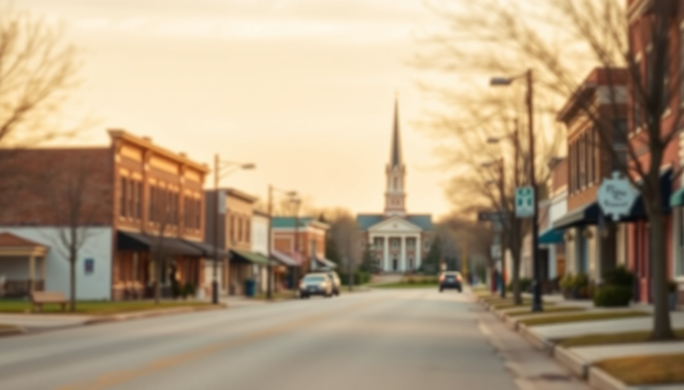 An out-of-focus photograph in soft, warm tones depicting a small-town street scene with a church steeple in the distance, conceptually representing the close-knit community mourning the loss of a longtime resident.