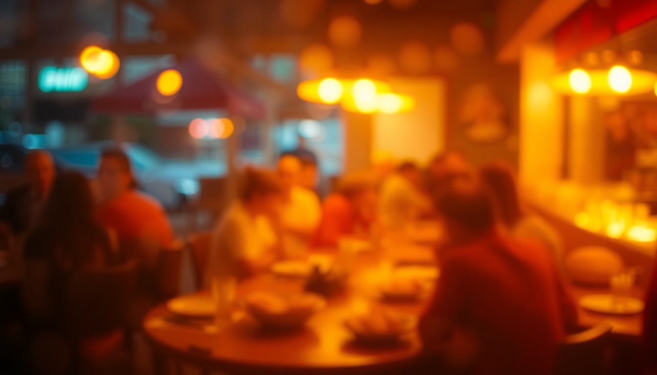 An abstract, impressionistic scene of blurred figures gathered around tables, enjoying bowls of soup and bread, with soft, warm lighting and colors creating a sense of community and togetherness.