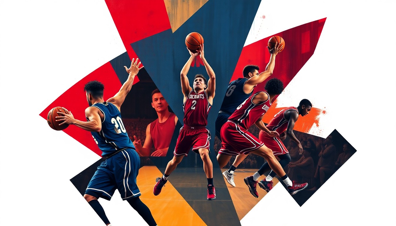 A fragmented, geometric painting depicting the abstract forms of basketball players in motion, with sharp planes of cardinal red and navy blue representing the colors of the Louisville Cardinals.