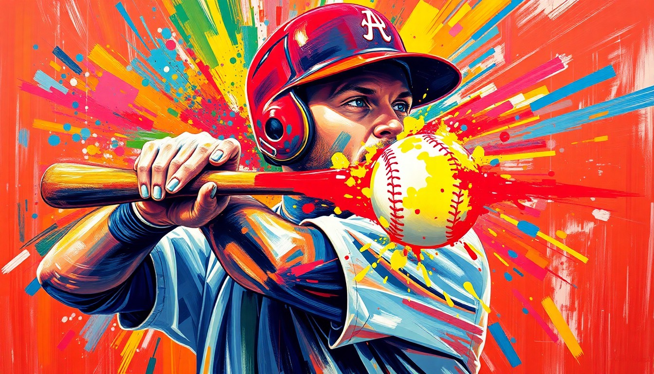 An extreme close-up of a baseball player's torso being struck by a pitch, with the impact rendered in a vibrant, expressionist style of rapid, neon-colored brushstrokes that obscure the player's face and the ball itself.
