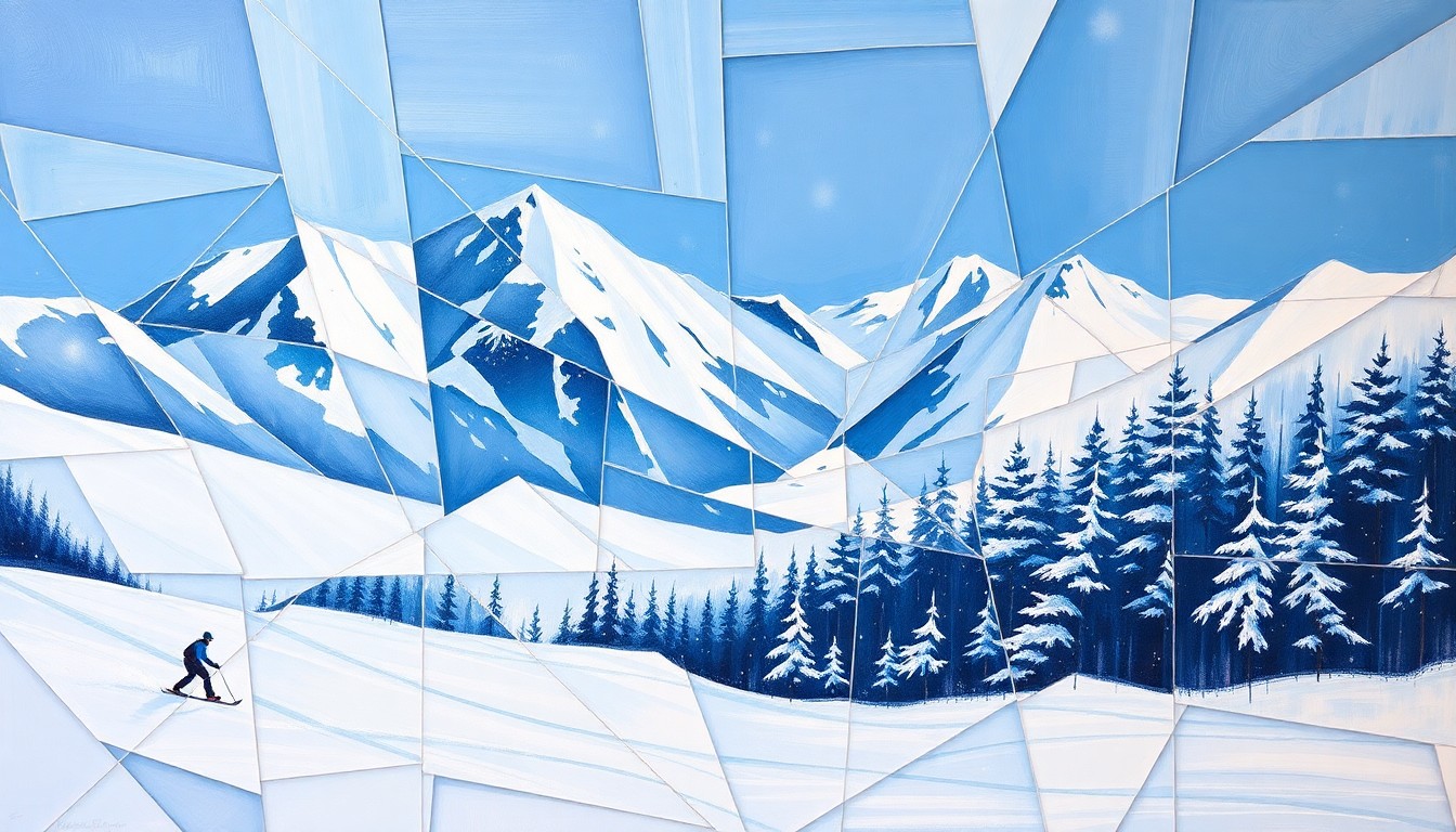 A cubist, geometric painting depicting fragmented winter sports action in shades of blue, white, and grey, conveying the conceptual idea of community engagement and grassroots involvement in the 2034 Winter Olympics.