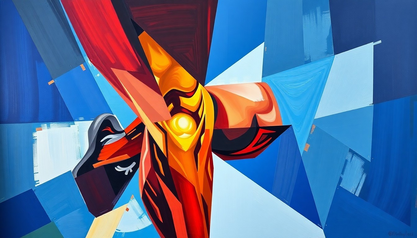 A fragmented, geometric painting depicting a basketball player's knee in various overlapping perspectives, using bold colors to convey the severity of the injury.