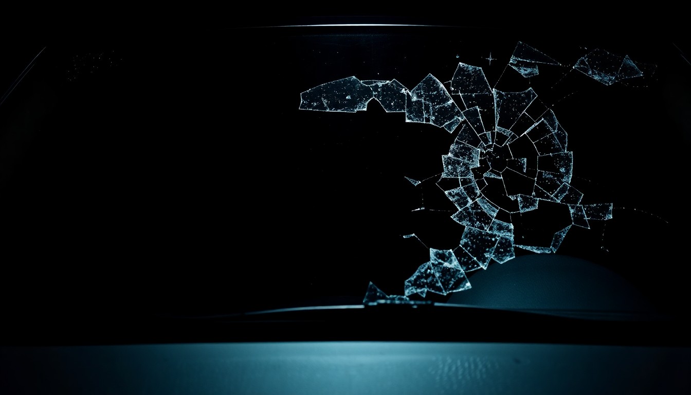 An extreme close-up photograph of a car's shattered windshield, capturing the dramatic texture and material details of the damaged glass under harsh, direct lighting, conceptually representing the weight of tragic incidents that law enforcement officers must confront.