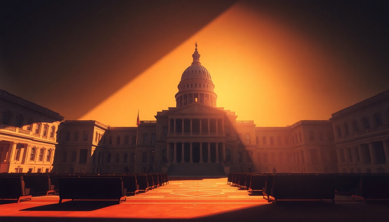 A photorealistic painting of an empty state capitol building in warm, golden light, with long shadows cast across the facade, conveying a sense of quiet contemplation and civic duty.