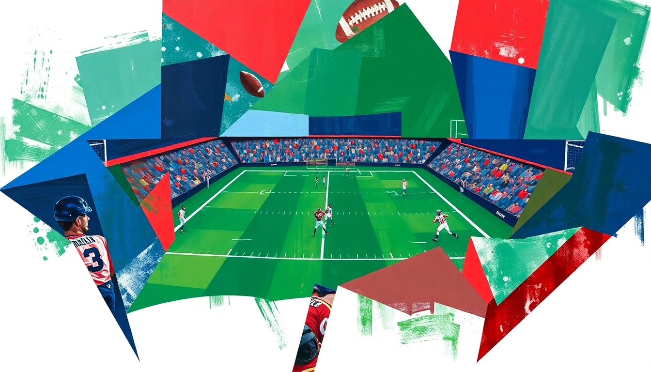 A cubist-style painting depicting a fragmented, geometric interpretation of a football game or match, with sharp, overlapping planes of navy blue, forest green, and crimson red representing the dynamic action on the field.