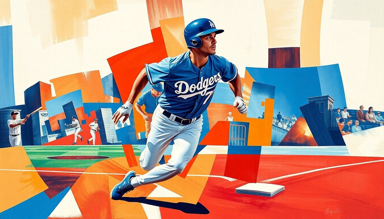 A cubist, geometric painting depicting a baseball player running the bases, with sharp, overlapping planes of Dodger blue and red colors capturing the dynamic motion of the sport.
