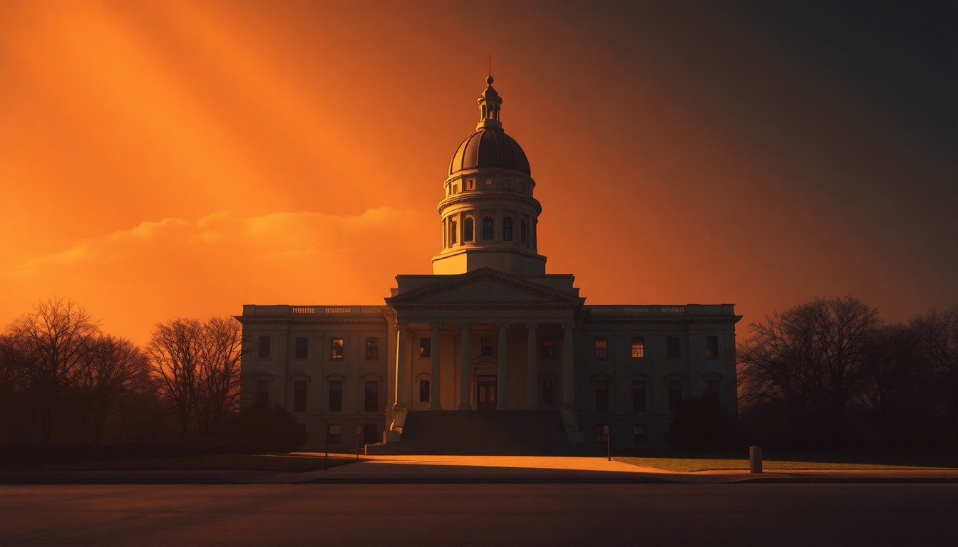 A serene, cinematic painting of the Wisconsin state capitol building, its grand architecture and dome bathed in warm, golden light and deep shadows, conveying a sense of quiet contemplation over the state's judicial landscape.