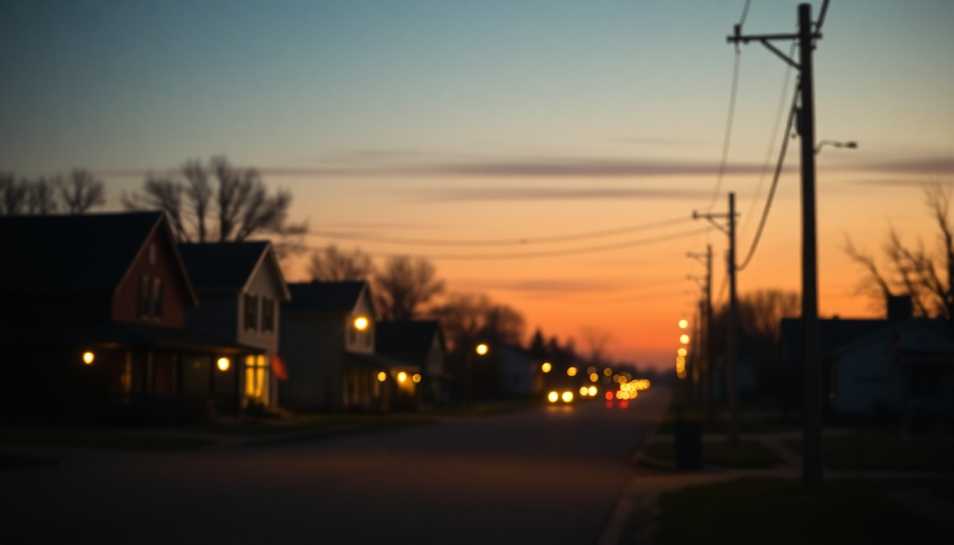 An extremely abstracted, out-of-focus photograph of a rural street at dusk, with warm pools of light from streetlamps and porch lights creating a nostalgic, melancholy atmosphere that conceptually represents the passing of a longtime community member.