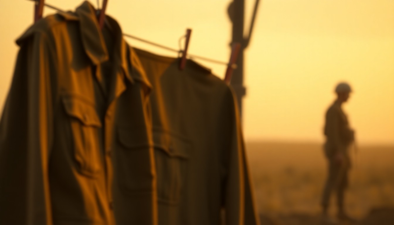 A softly blurred, out-of-focus photograph in warm, earthy tones depicting a military uniform hanging on a clothesline, with the faint outline of a soldier's silhouette in the background, conceptually representing the life and legacy of a respected military veteran.