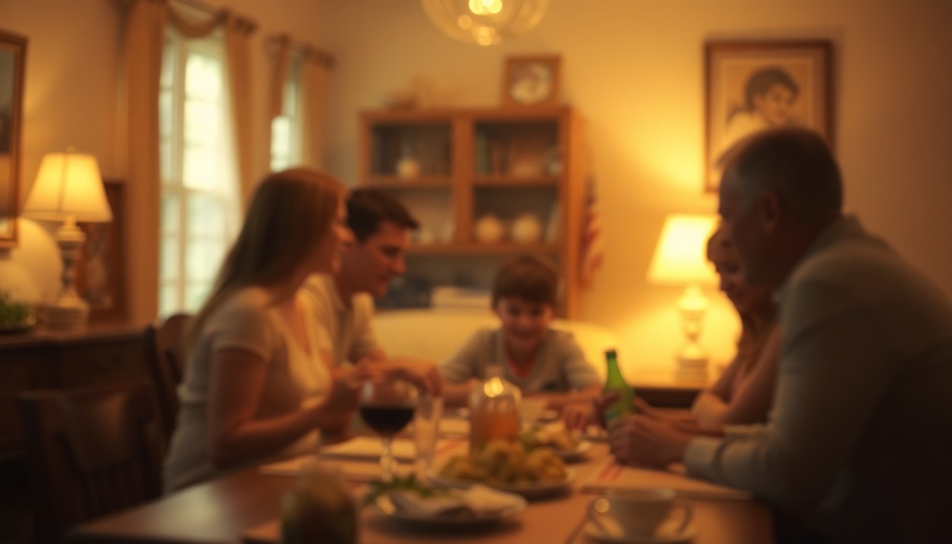 An extremely abstracted, out-of-focus photograph in soft, warm tones depicting a blurred family gathering or intimate home scene, representing the cherished memories and connections Nester leaves behind.