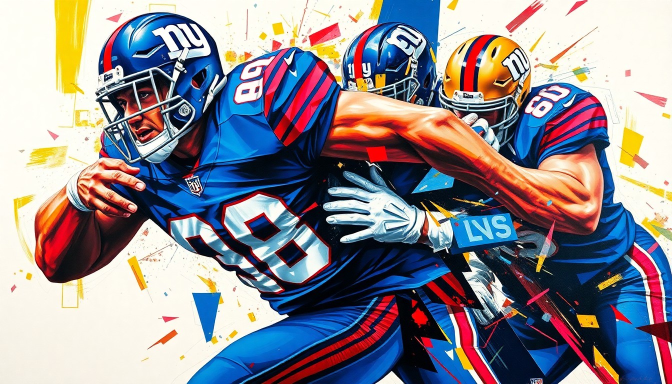 A fragmented, geometric painting depicting the explosive movements and collisions of a defensive lineman, using the Giants' team colors of deep blue, bright red, and metallic gold.