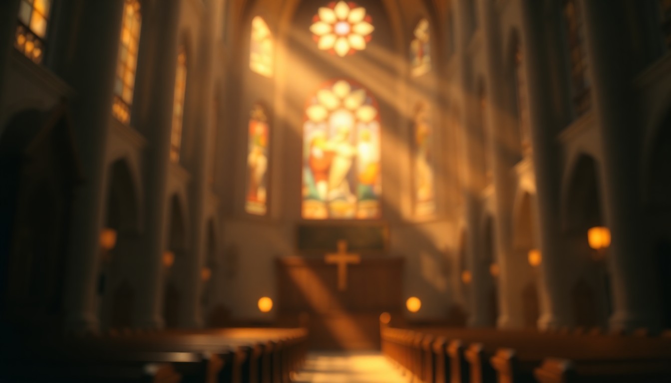 An abstract, impressionistic photograph of a church interior bathed in soft, warm light, conveying a sense of reverence and contemplation.