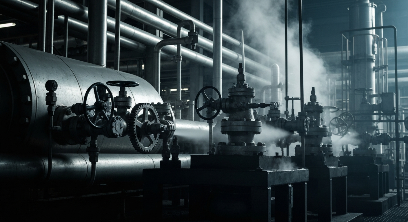 An extreme close-up of industrial drilling equipment, with a focus on the intricate mechanical components and textures, conveying the technical complexity and scale of the oil and gas industry.