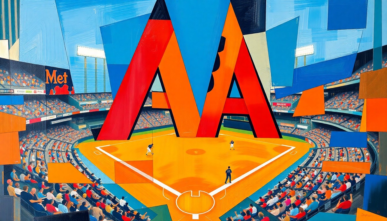 A cubist, geometric painting depicting a baseball game in motion, with overlapping shapes and planes in the team colors of the Mets and Diamondbacks.