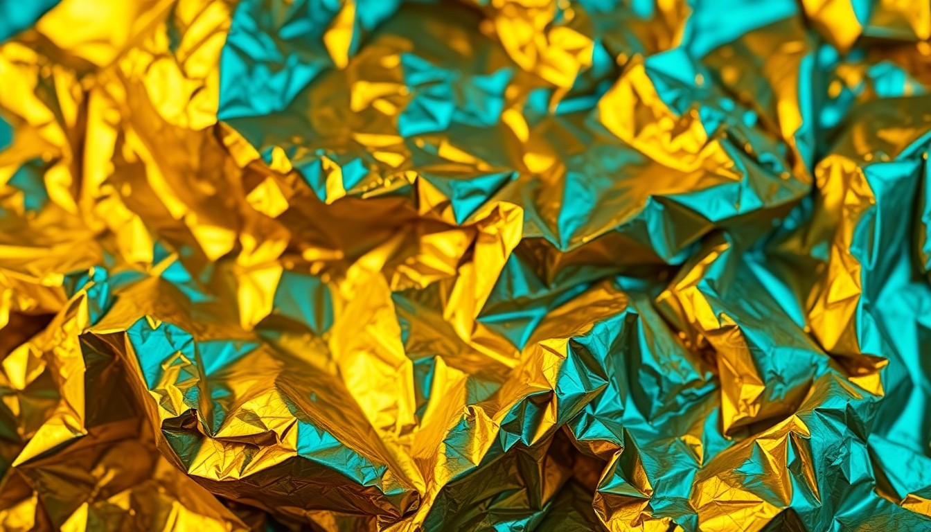 An abstract close-up photograph featuring a crumpled, shimmering sheet of gold foil paper, lit dramatically to create a high-contrast, glamorous aesthetic that conceptually represents the lasting impact of minimalist poetry.