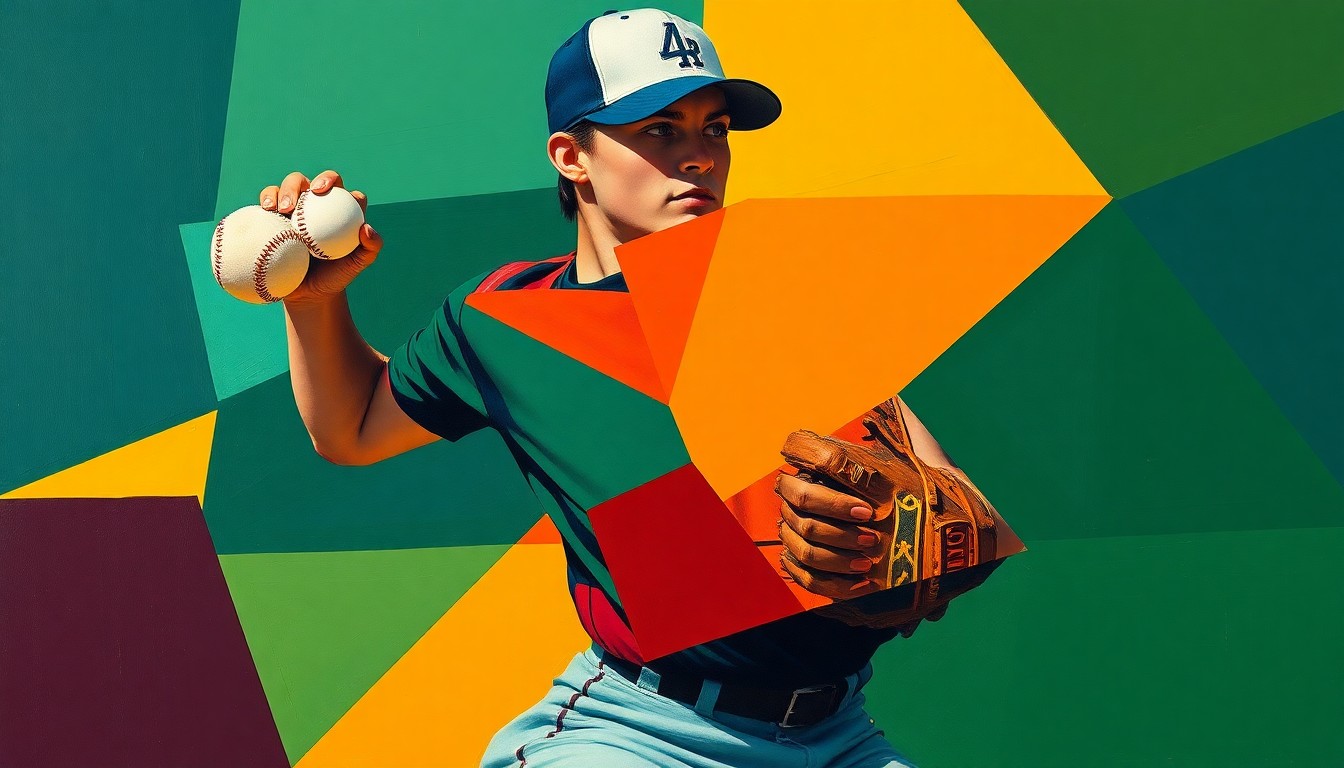 A cubist, geometric painting depicting the fragmented motion of a softball pitcher's windup and release, with the pitcher's body and ball broken down into sharp, overlapping shapes in a vibrant color palette.