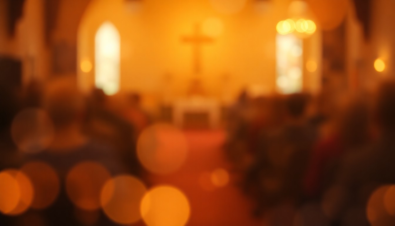An extremely blurred, impressionistic scene of warm, glowing light and color, evoking the peaceful, spiritual atmosphere of a church service.