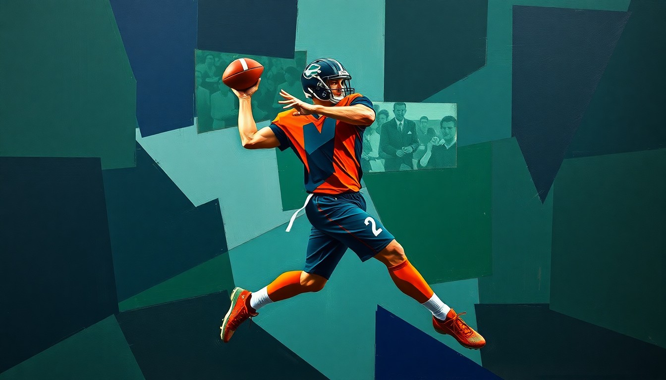 A fragmented, geometric painting depicting a football player in mid-throw motion, with sharp planes of navy, green, and orange overlapping to create a dynamic, multi-angled composition.
